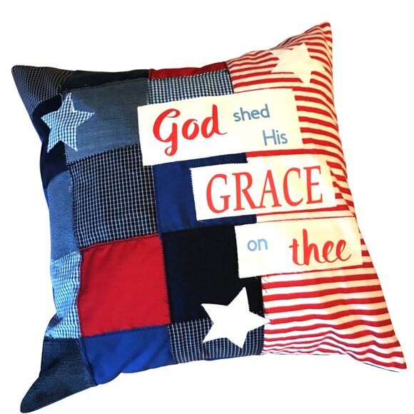 Patriotic Pillow Cover: Patchwork Stars, God Shed His Grace on Thee, 18 x 18 - Picture 1 of 8